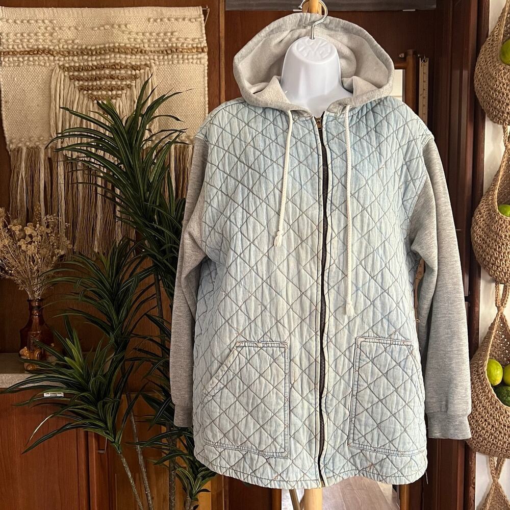 Vintage Quilted Denim Hoodie Jacket Mens L USA Made 80s Chambray 100% Cotton Zip